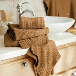 Linge De Bain|Serviette De Bain|EMINZA Serviette de bain gaze de coton (30 x 50 cm) Gaïa Camel