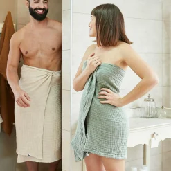 Linge De Bain|Serviette De Bain|EMINZA Serviette de bain gaze de coton (70 x 130 cm) Gaïa Vert Eucalyptus