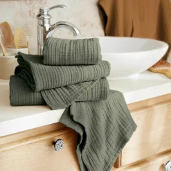 Linge De Bain|Serviette De Bain|EMINZA Serviette de bain gaze de coton (90 x 150 cm) Gaïa Vert romarin