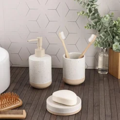 Accessoire Salle De Bain|TENDANCE Set d'accessoires salle de bain grès moucheté Pietra Beige