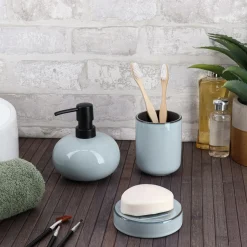 Accessoire Salle De Bain|TENDANCE Set d'accessoires salle de bain grès laqué Pietra Bleu