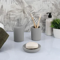 Accessoire Salle De Bain|TENDANCE Set d'accessoires salle de bain résine Strié Gris clair