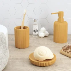 Accessoire Salle De Bain|TENDANCE Set d'accessoires salle de bain résine Strié Jaune moutarde