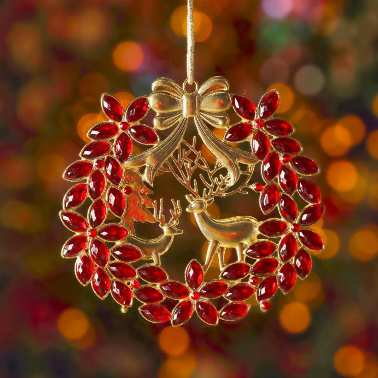 Décoration De Sapin|KAEMINGK Suspension de Noël en métal (D9 cm) Couronne et strass et doré Rouge