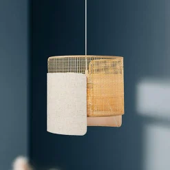 Lampe Suspension|OSTARIA Suspension lumineuse lin et bambou (D28,5 cm) Bourgeon Beige