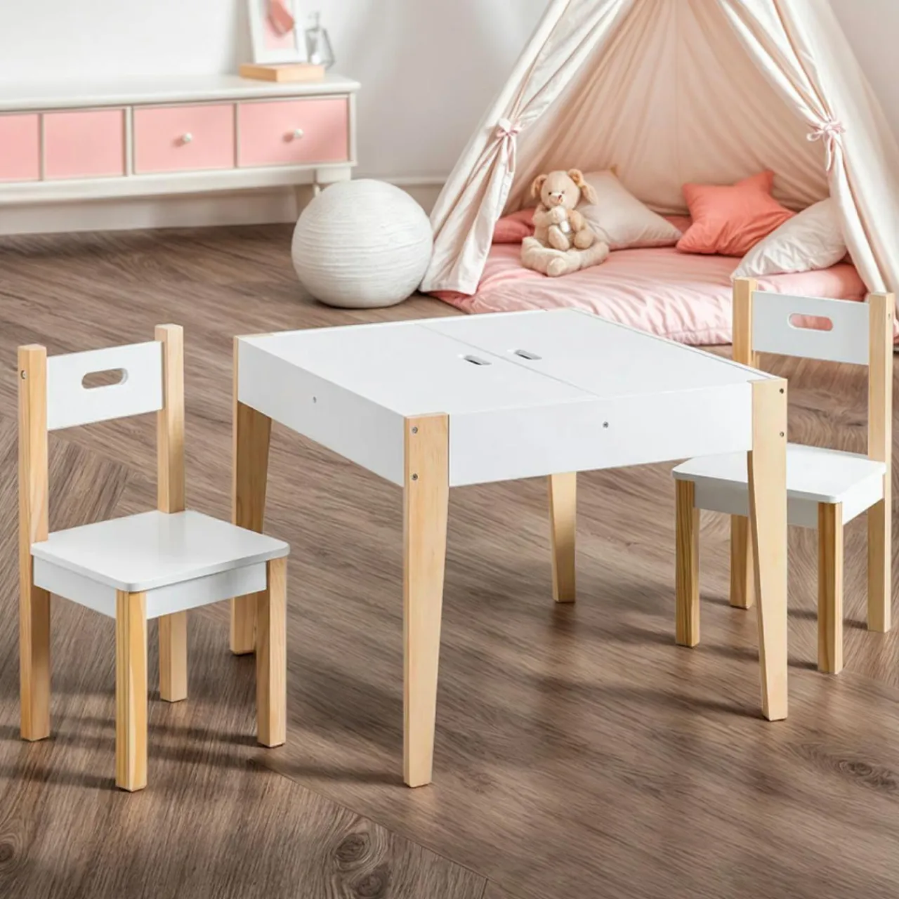 Petit Meuble Enfant|EMINZA Table et 2 chaises enfant bois tableau (H49,5 cm) Charlie Blanc