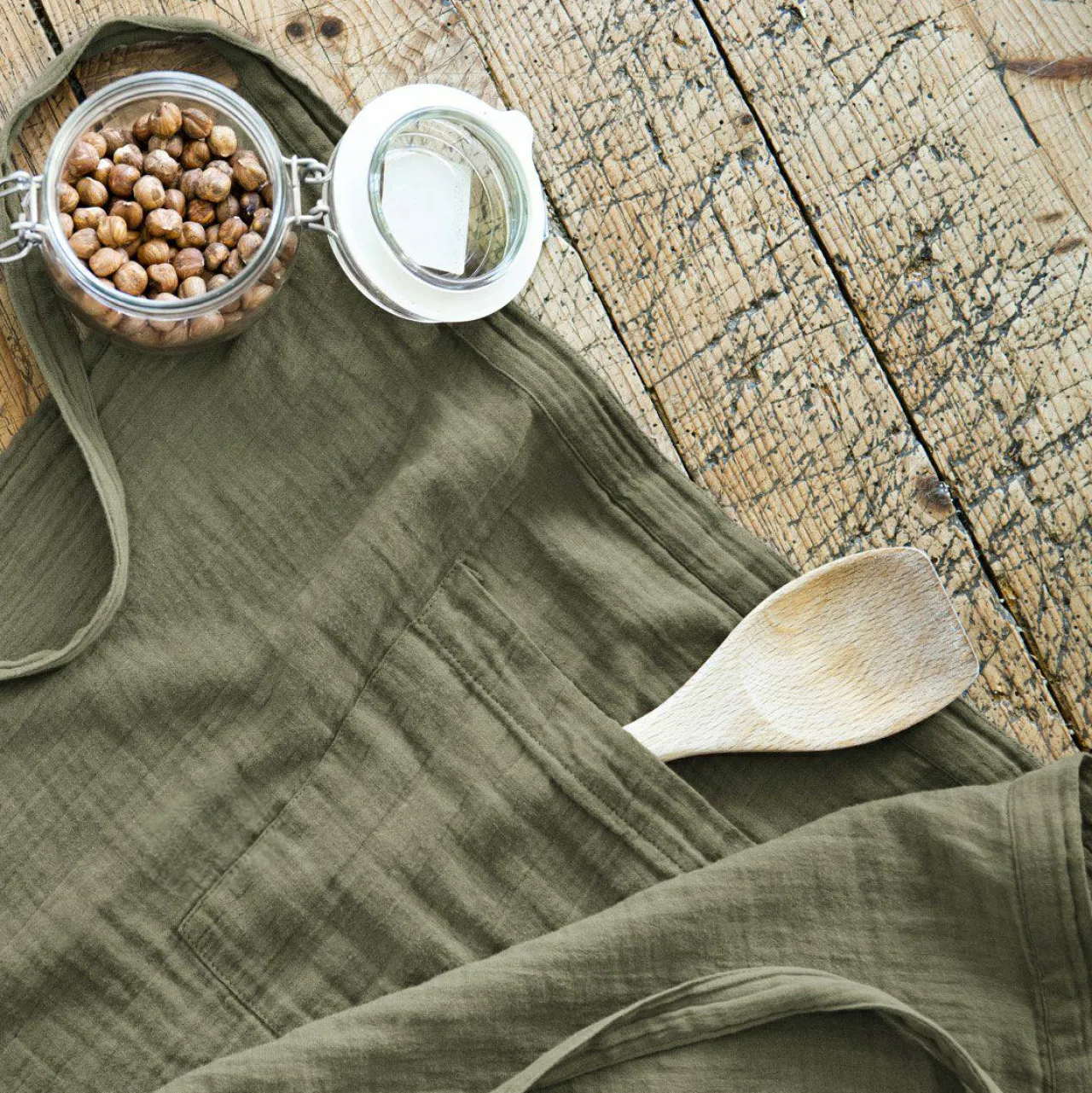 Accessoire Cuisine|EMINZA Tablier avec poches gaze de coton Gaïa Vert romarin