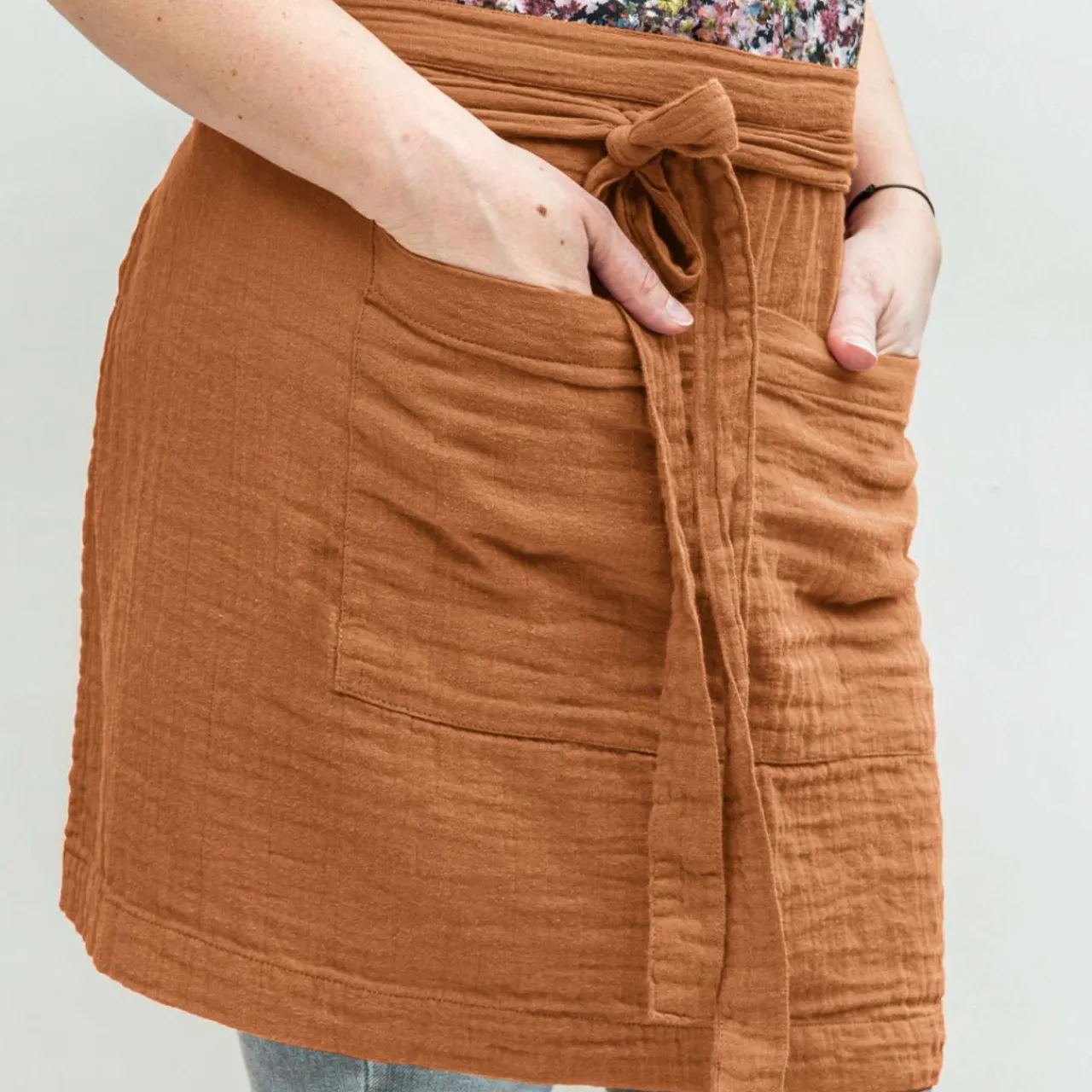 Accessoire Cuisine|EMINZA Tablier avec poches gaze de coton Gaïa Abricot