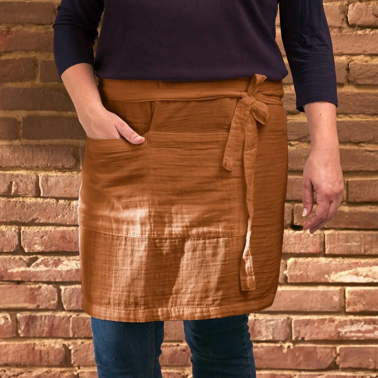 Accessoire Cuisine|EMINZA Tablier avec poches gaze de coton Gaïa Abricot