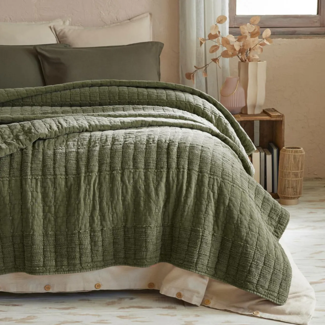 Taie D'Oreiller, Traversin|EMINZA Taie d'oreiller carrée coton (60 x 60 cm) Lena Vert romarin