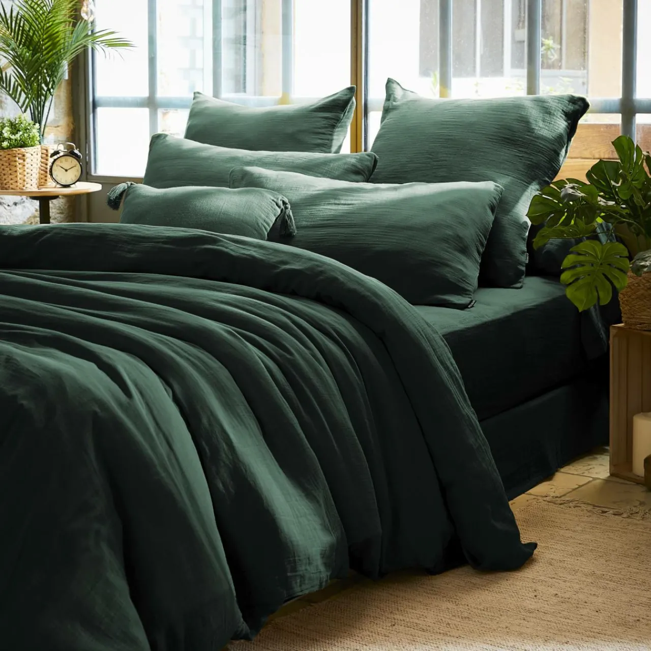 Taie D'Oreiller, Traversin|EMINZA Taie d'oreiller carrée en gaze de coton (60 x 60 cm) Gaïa Vert sapin