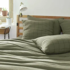 Taie D'Oreiller, Traversin|EMINZA Taie d'oreiller carrée gaze de coton (60 x 60 cm) Gaïa Match Vert romarin