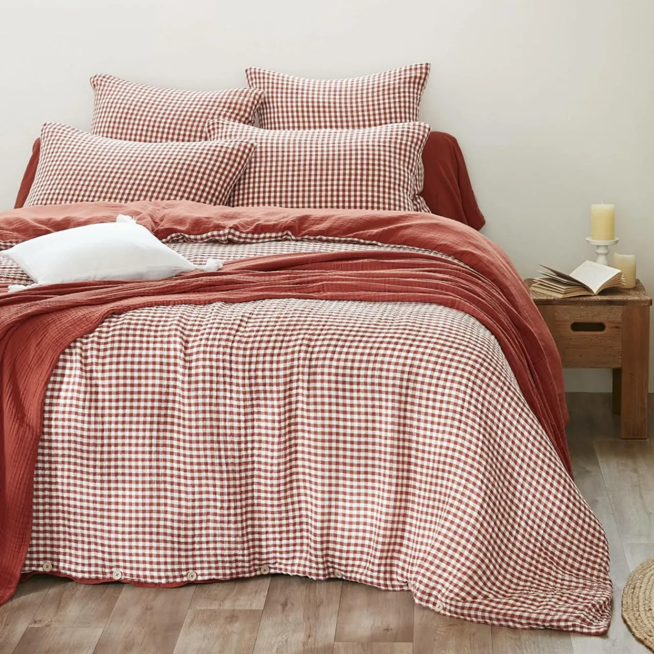 Taie D'Oreiller, Traversin|EMINZA Taie d'oreiller carrée gaze de coton (80 x 80 cm) Gaïa Vichy terracotta