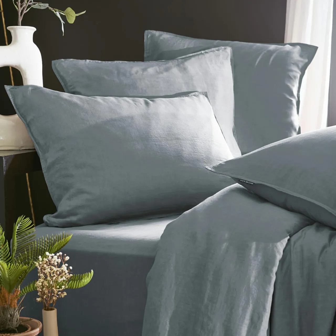 Taie D'Oreiller, Traversin|EMINZA Taie d'oreiller carrée lyocell Tencel™ lavé (80 x 80 cm) Olivia stone Bleu