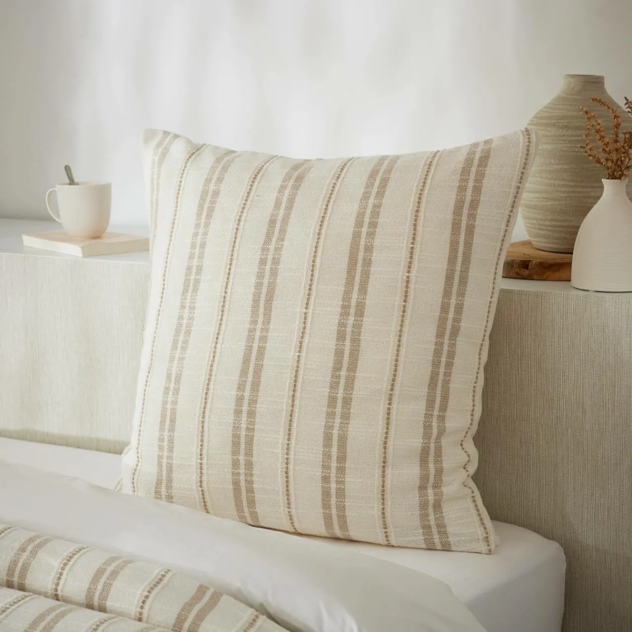 Taie D'Oreiller, Traversin|EMINZA Taie d'oreiller carrée réversible coton texturé et percale (60 x 60 cm) Alice Ficelle