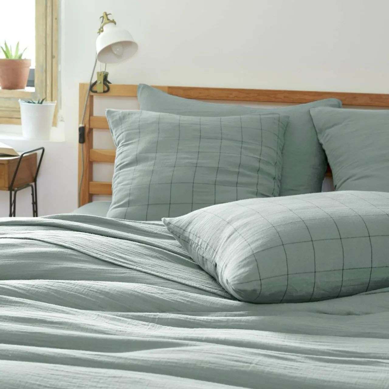 Taie D'Oreiller, Traversin|EMINZA Taie d'oreiller rectangulaire gaze de coton (50 x 70 cm) Gaïa Match Vert Eucalyptus