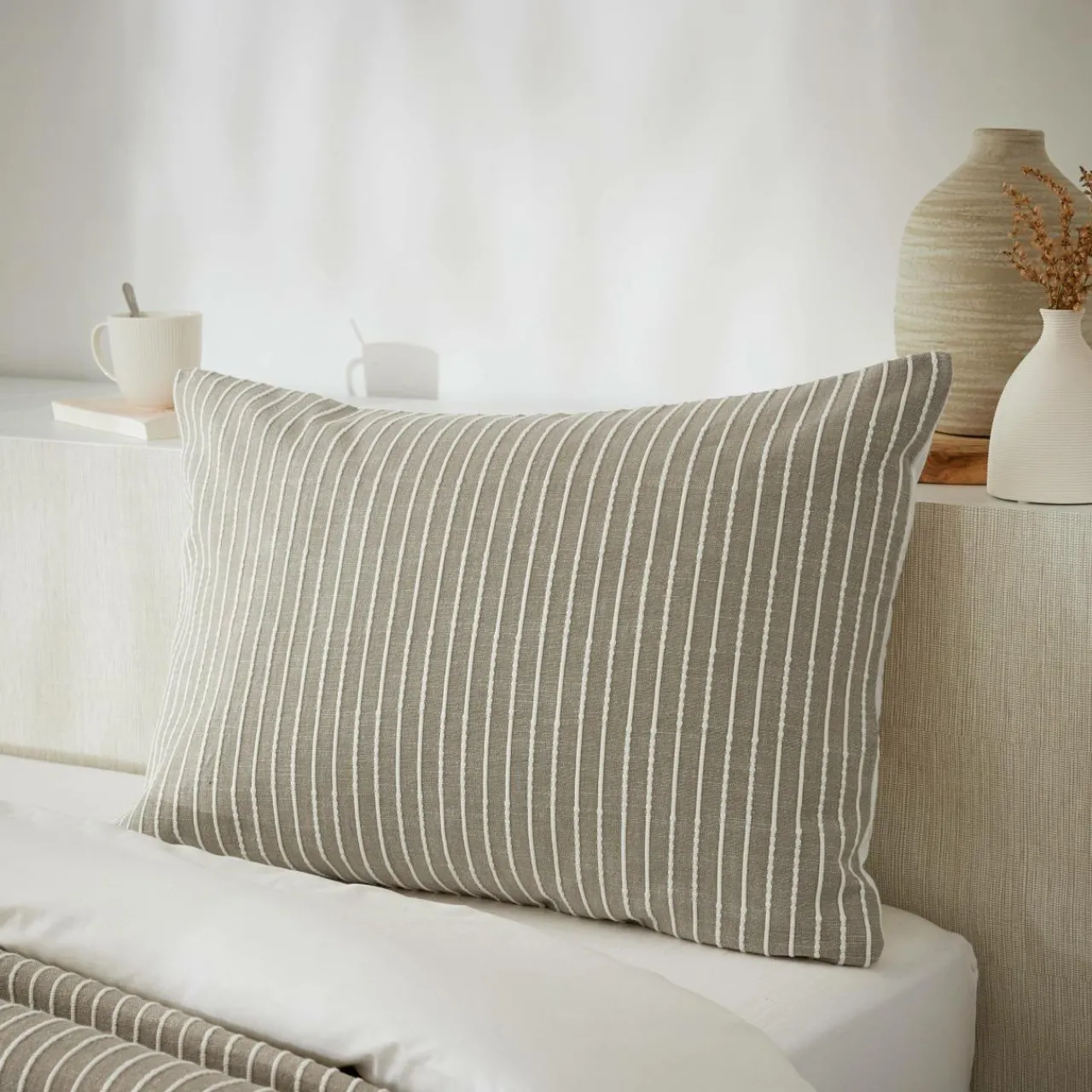 Taie D'Oreiller, Traversin|EMINZA Taie d'oreiller rectangulaire réversible coton texturé et percale (50 x 70 cm) Alice Ecru