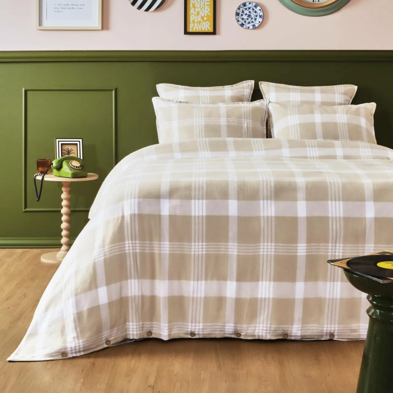 Taie D'Oreiller, Traversin|EMINZA Taie d'oreiller rectangulaire flanelle de coton (50 x 70 cm) Nina carreaux Beige Carreau Beige