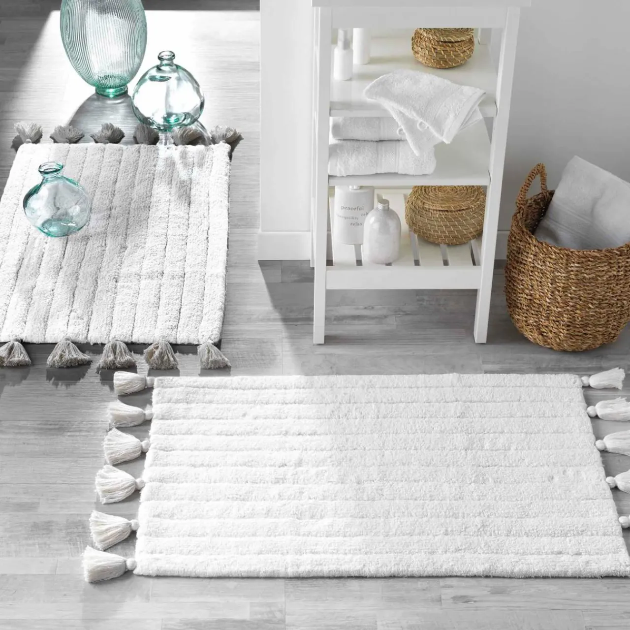 Tapis Salle De Bain/Wc|DOUCEUR D'INTERIEUR Tapis de bain coton (50 x 80 cm) Minatis Blanc