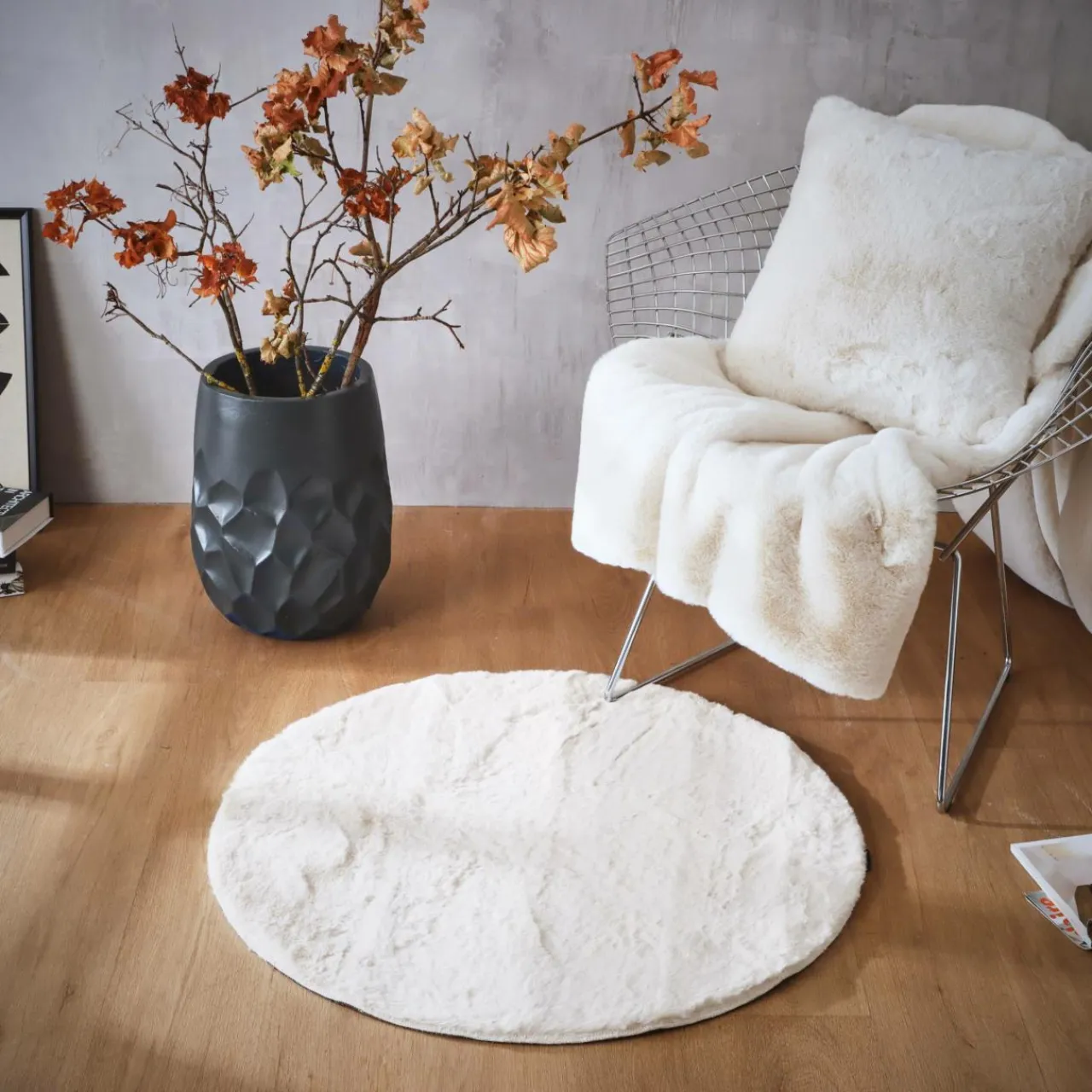 Tapis De Chambre/Salon|EMINZA Tapis rond fausse fourrure (80 cm) Finn Blanc