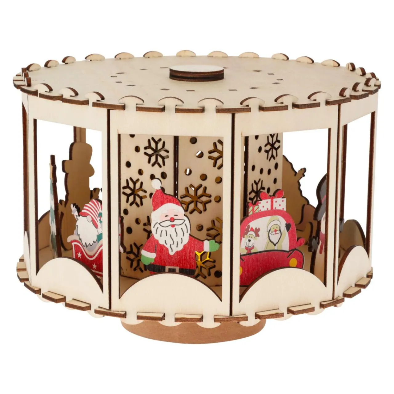 Village De Noël En Bois|KOOPMAN Village de Noël en bois animé et lumineux à piles (20 x H14 cm) Carrousel enchanté Naturel