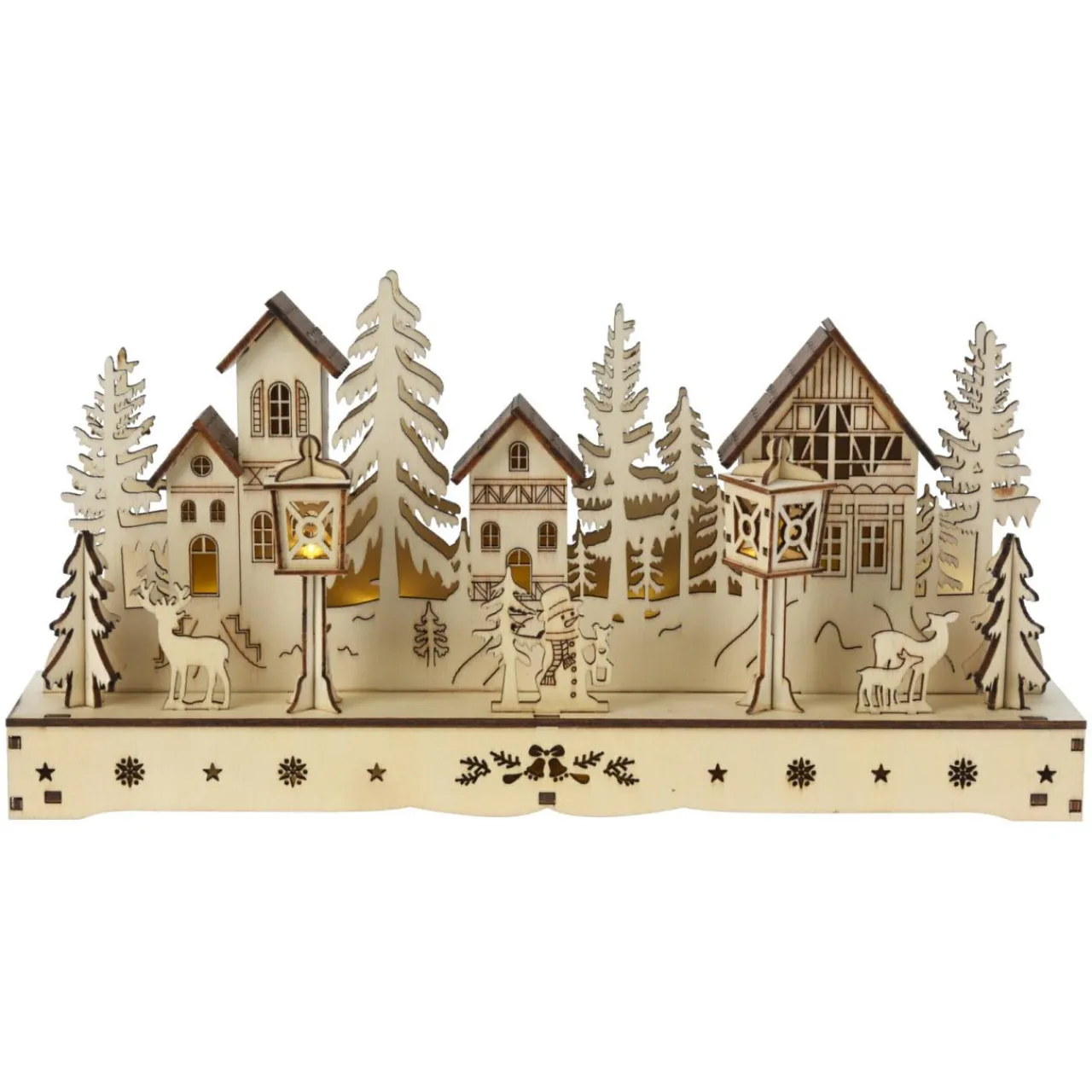 Village De Noël En Bois|KOOPMAN Village de Noël en bois lumineux à piles (29 x H14 cm) Square enchanté Naturel