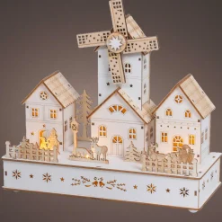 Village De Noël En Bois|Déco Et Objet Lumineux|KAEMINGK Village de Noël en bois lumineux musical et animé à piles (H26 cm) Moulin et hameau Naturel