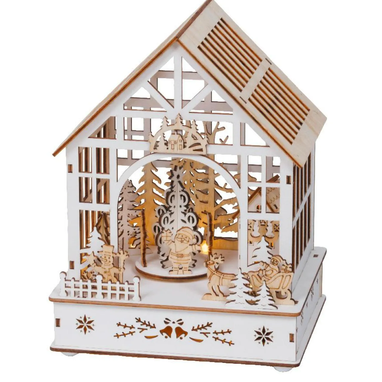 Village De Noël En Bois|Déco Et Objet Lumineux|KAEMINGK Village de Noël en bois lumineux, musical et animé à piles (18 x 24 cm) Jardin d’hiver Naturel