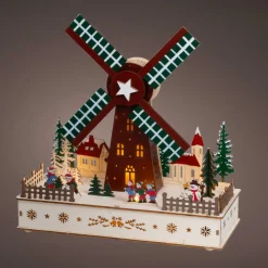 Village De Noël En Bois|KAEMINGK Village de Noël en bois lumineux, animé et musical à piles (H29 cm) Moulin à vent Multicolore