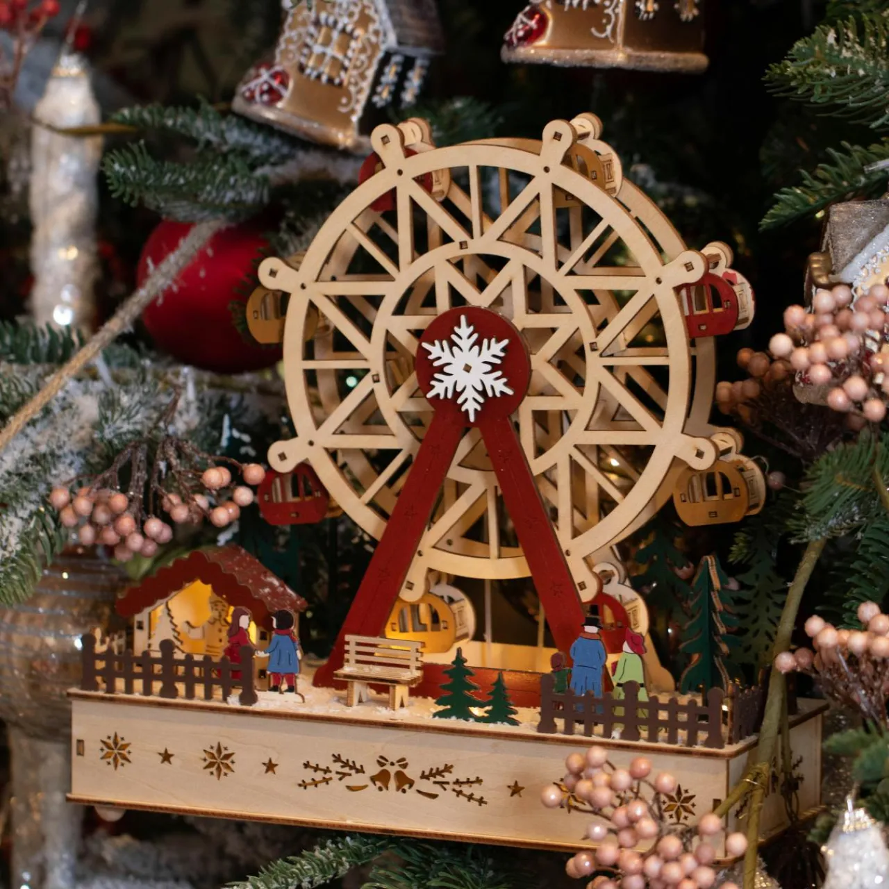 Village De Noël En Bois|KAEMINGK Village de Noël en bois lumineux et musical à piles (28 x H28 cm) Grande roue Colorée