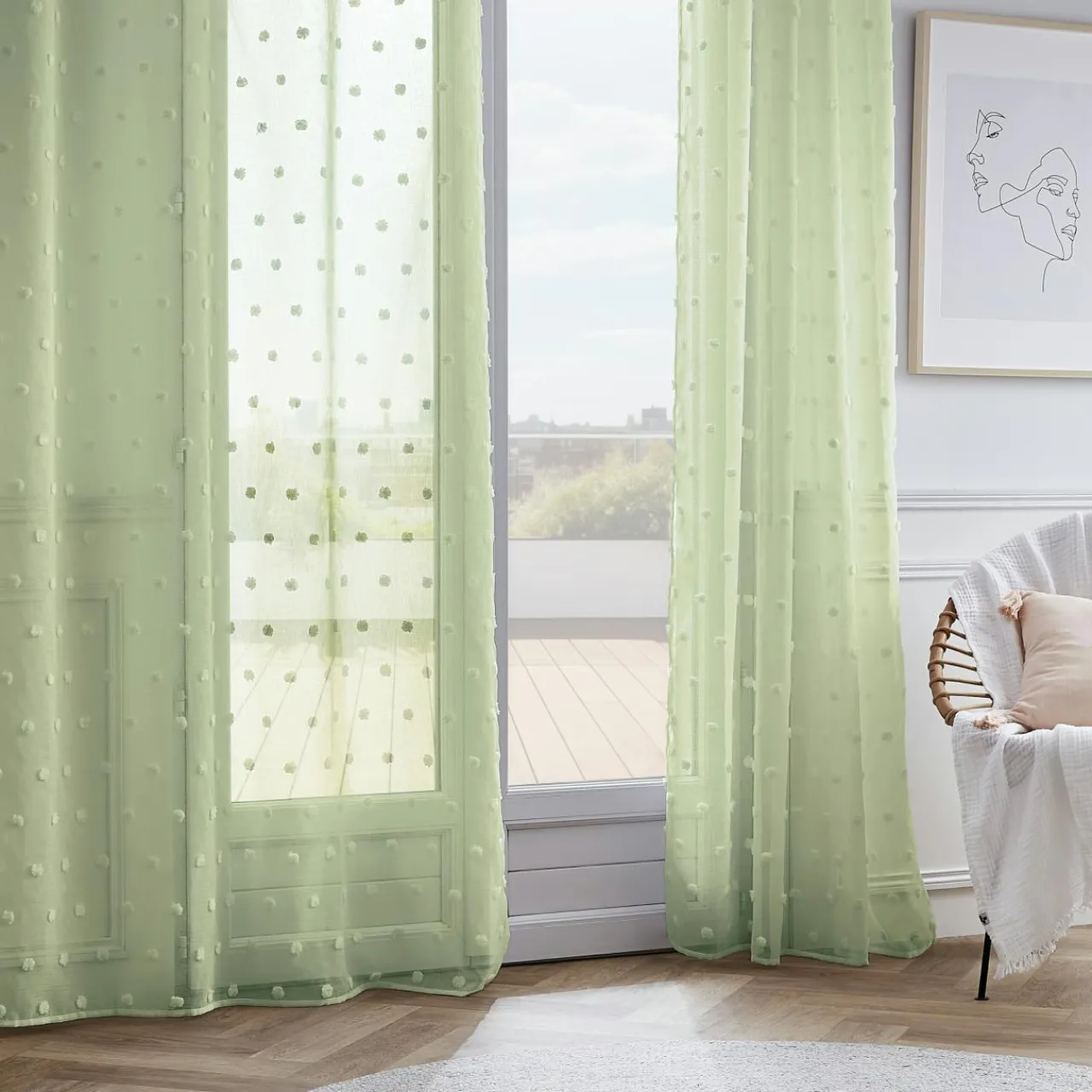 Voilage|EMINZA Voilage oeillets pompons (140 x 240 cm) Emie Vert d'eau Vert d'eau